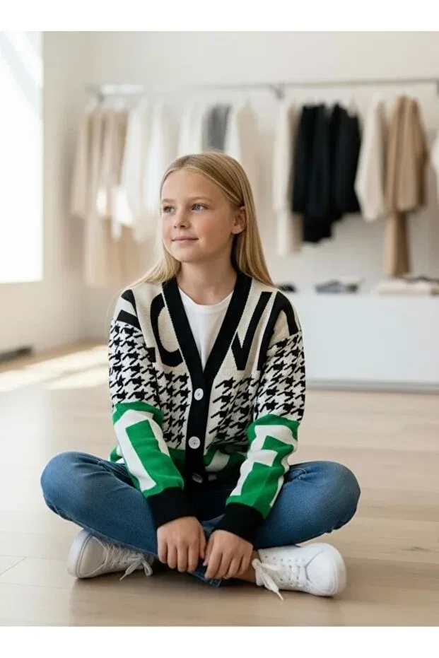 Детский кардиган для девочек с принтом Letter and Pattern Minimoda Kids, Ecru-Green — фото 4