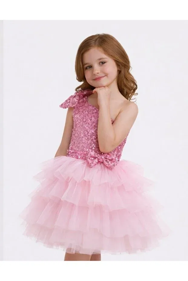 Детское платье для девочек с пайетками One-Shoulder Sequined Bow Tutu Evening Dress Babysmile, Pink — фото 3