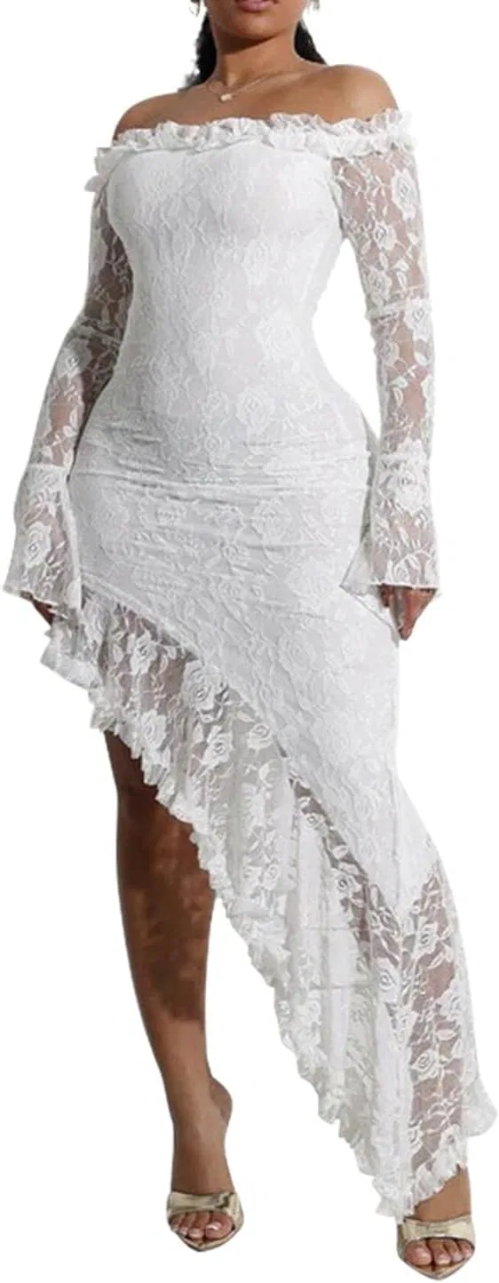 Женское кружевное платье с длинным рукавом, Off Shoulder, Ruffle Hem