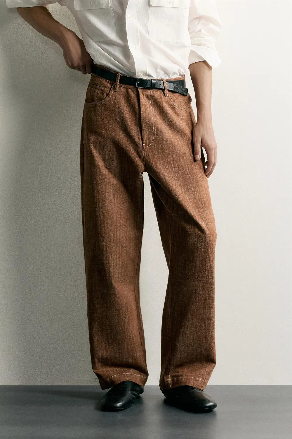 Брюки свободного кроя с декоративной строчкой. ZARA, dark russet — фото 2