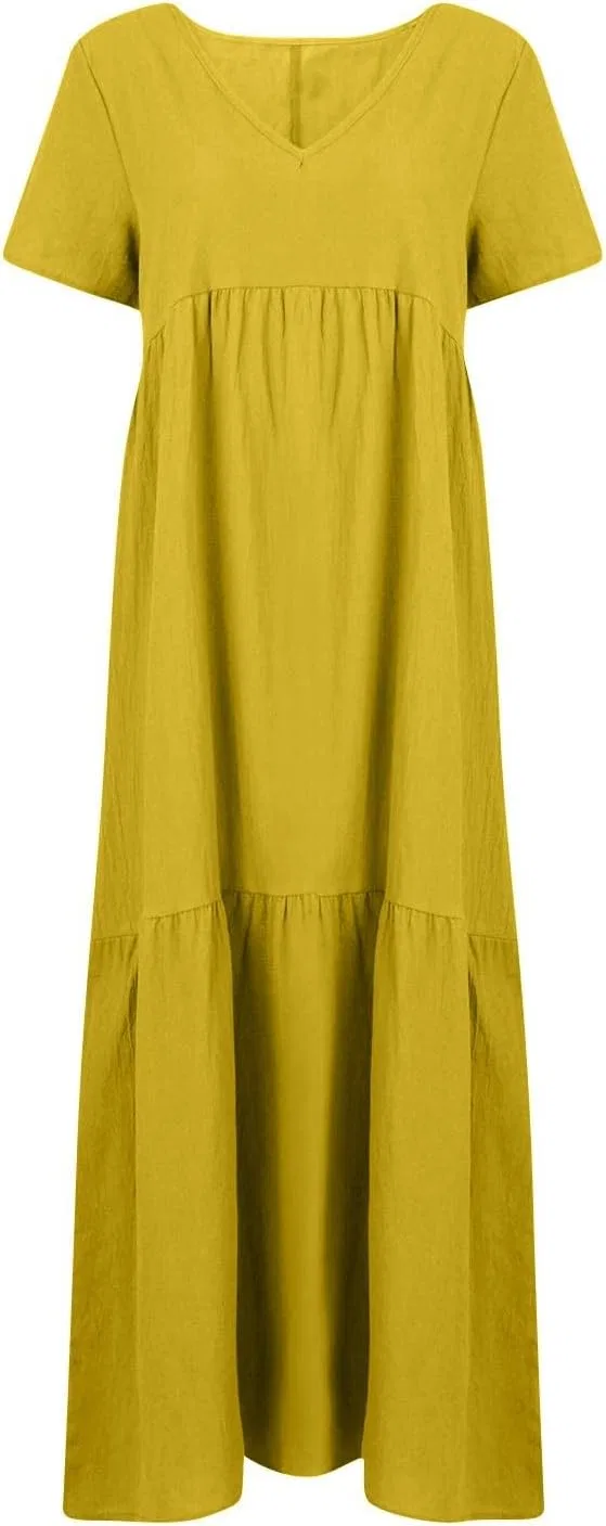 Женское летнее платье макси из льна Oversized, A008-yellow — фото 3