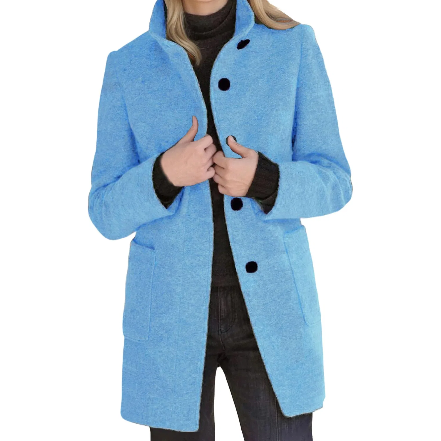 Женское длинное пальто с высоким воротником из шерстяной смеси, Azzurro chiaro