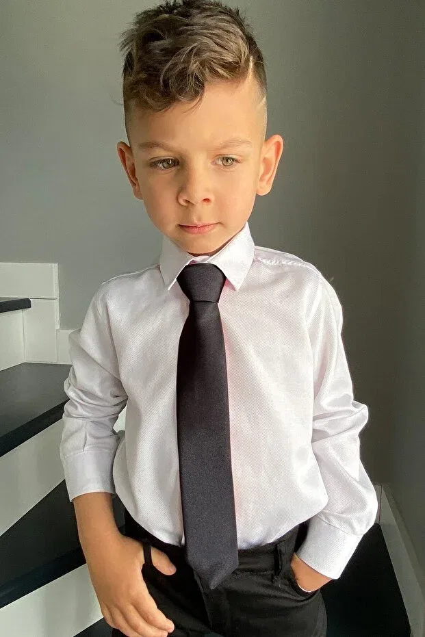 Детский комплект рубашек для мальчиков с длинным рукавом Dobby White Shirt Tie Set Entel, Black — фото 4