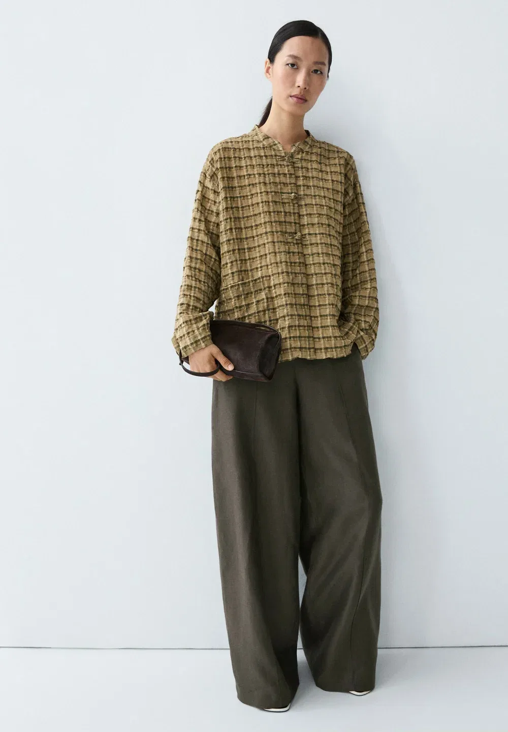 Свободная клетчатая рубашка - блузка на пуговицах Massimo Dutti, Mustard Yellow — фото 2