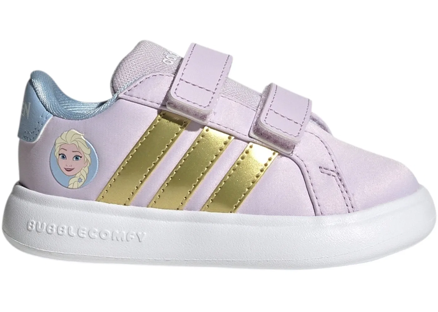 Детские кроссовки с принтом Adidas Grand Court 3.0 Disney Frozen Elsa, Ice Lavender Gold Metallic Glow Blue