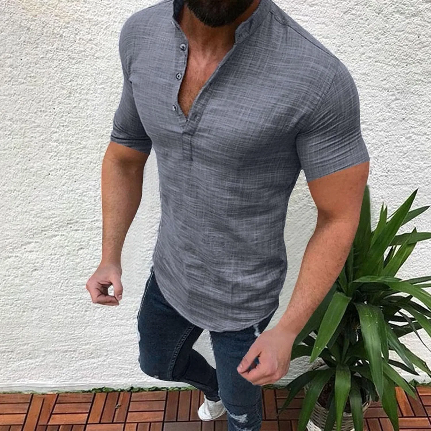 Мужская футболка с воротником-стойкой из льна, Lightweight Plain Beach Yoga T Shirt, Grey — фото 2