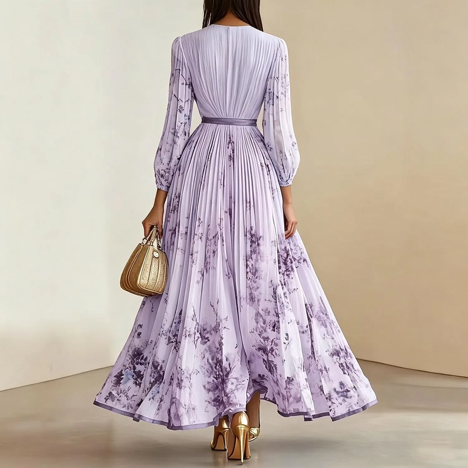 Женское платье-туника с длинным рукавом, с принтом, W-572 Purple — фото 4