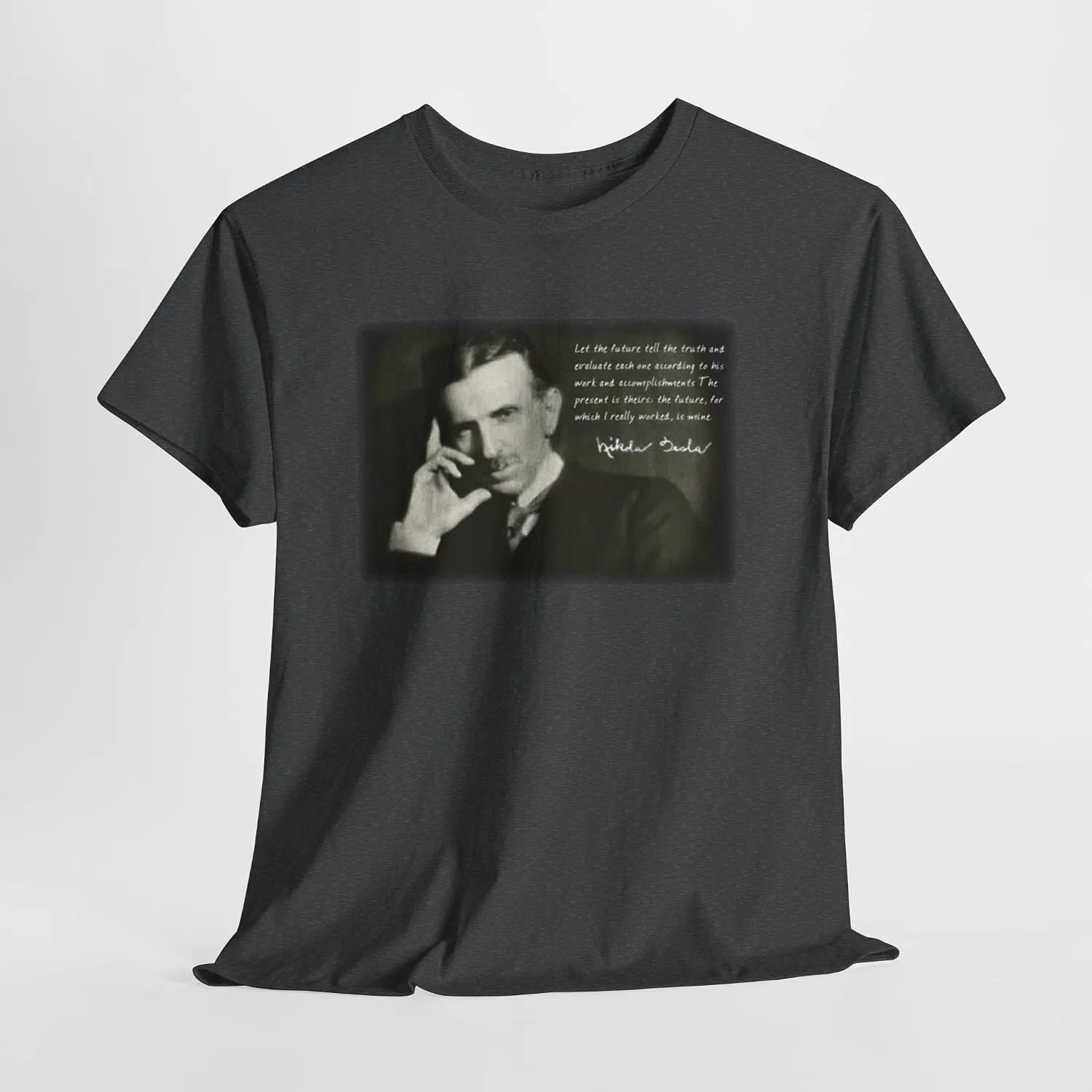 Женская футболка с принтом Nikola Tesla Future Tell The Turth Work Inventor Genius, тёмно-серый меланж — фото 4