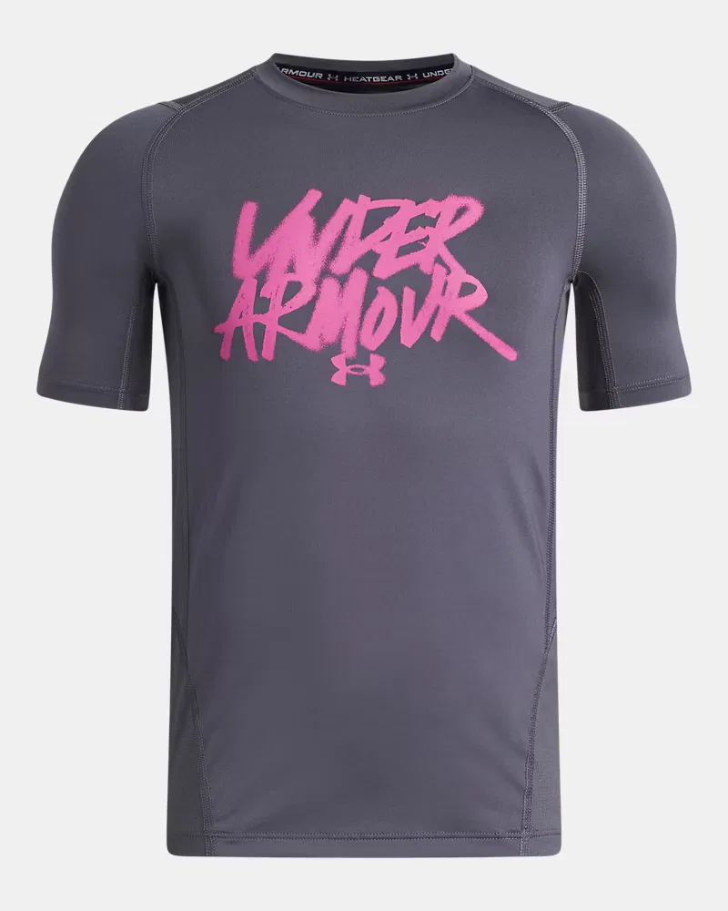 Футболка детская с коротким рукавом из легкой дышащей ткани HeatGear UnderArmour, Castlerock/Pink Frenzy