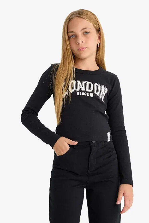 Детская футболка для девочек с длинным рукавом Slim fit narrow cut crew neck printed ribbed camisole long sleeve t-shirt girl child c7465a825au Defacto, Black-Bk81