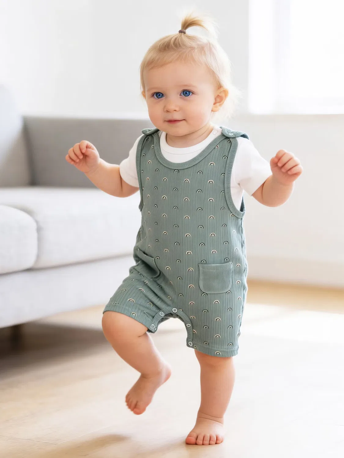 Комплект из хлопка с коротким рукавом и комбинезоном Babies Basic, зеленый — фото 3