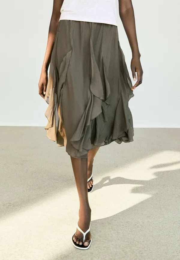 Юбка миди Flowing midi skirt with ruffle detail, Massimo Dutti, Mottled Dark Green, темно-зеленый