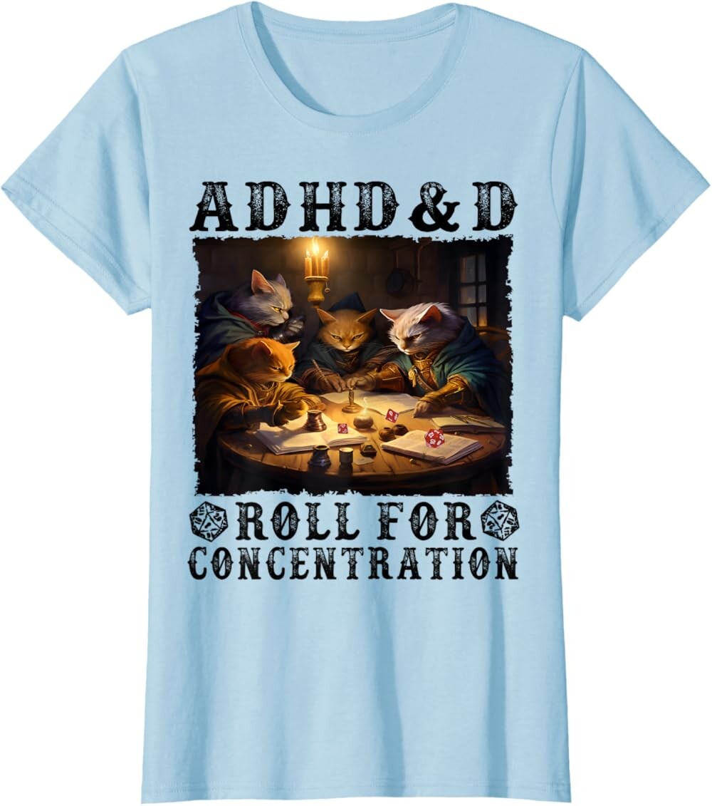 

Женская футболка Funny Tees Gamer RPG Apparel Cats RPG Gamer Roll For Concentration, голубой
