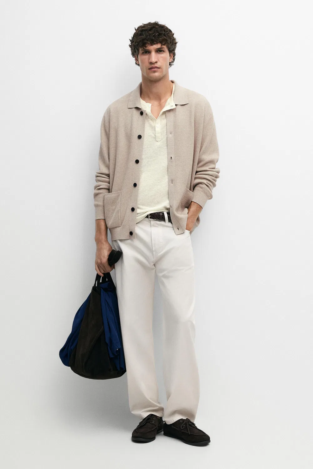 Кардиган 100% Cotton Knit Pocket, бежевый — фото 3