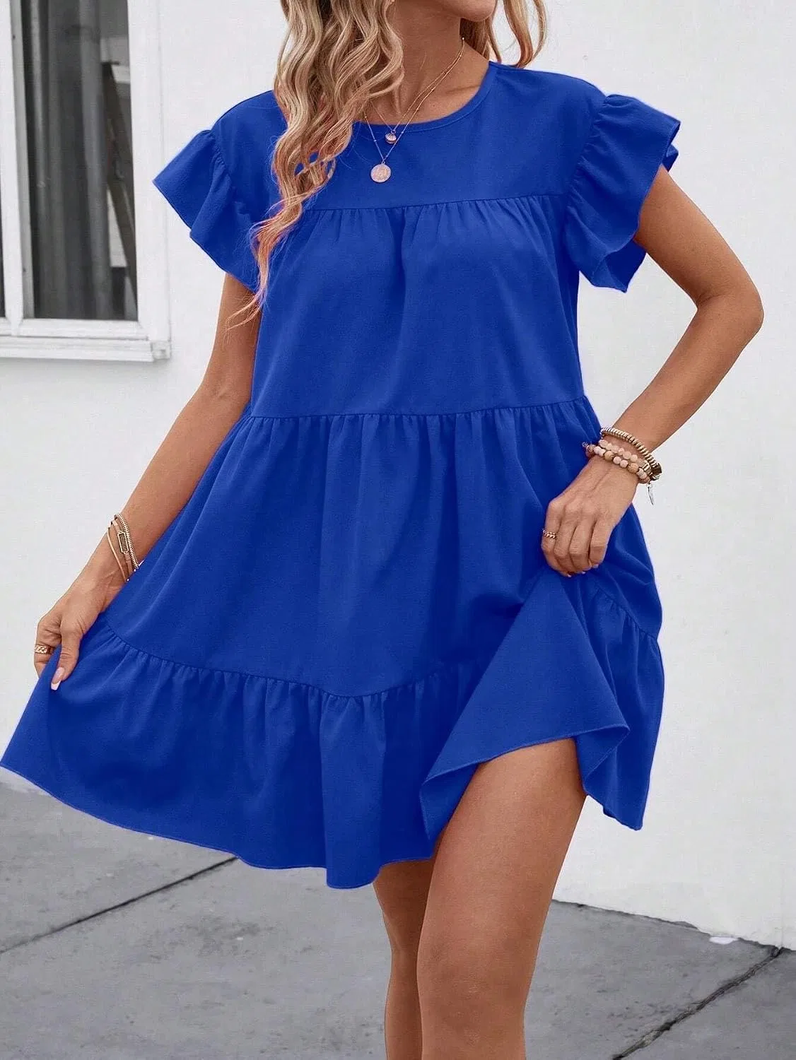 Женское повседневное платье миди с воланами и высокой талией, Royal Blue — фото 4