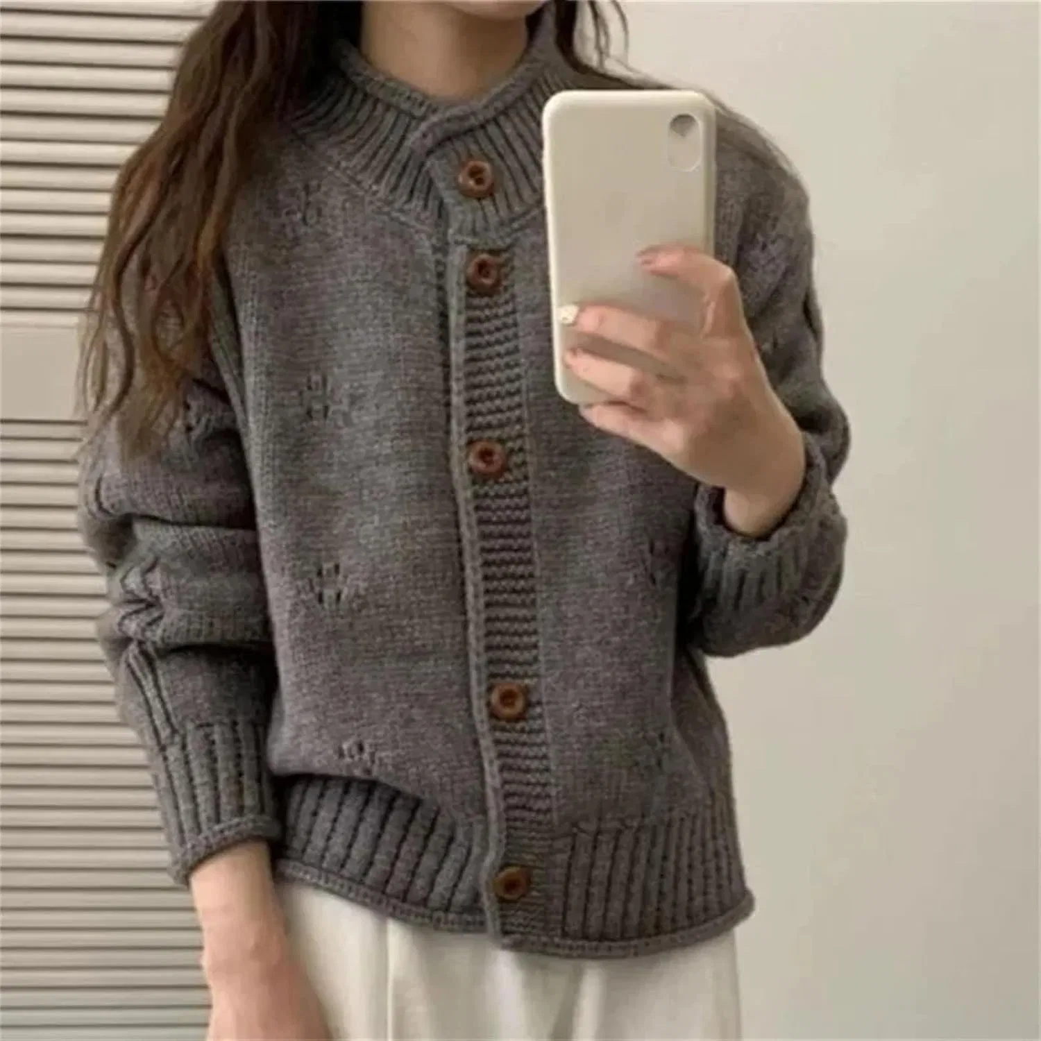 Женский кардиган с воротником-стойкой, модель Korean Style Vintage, красный — фото 2