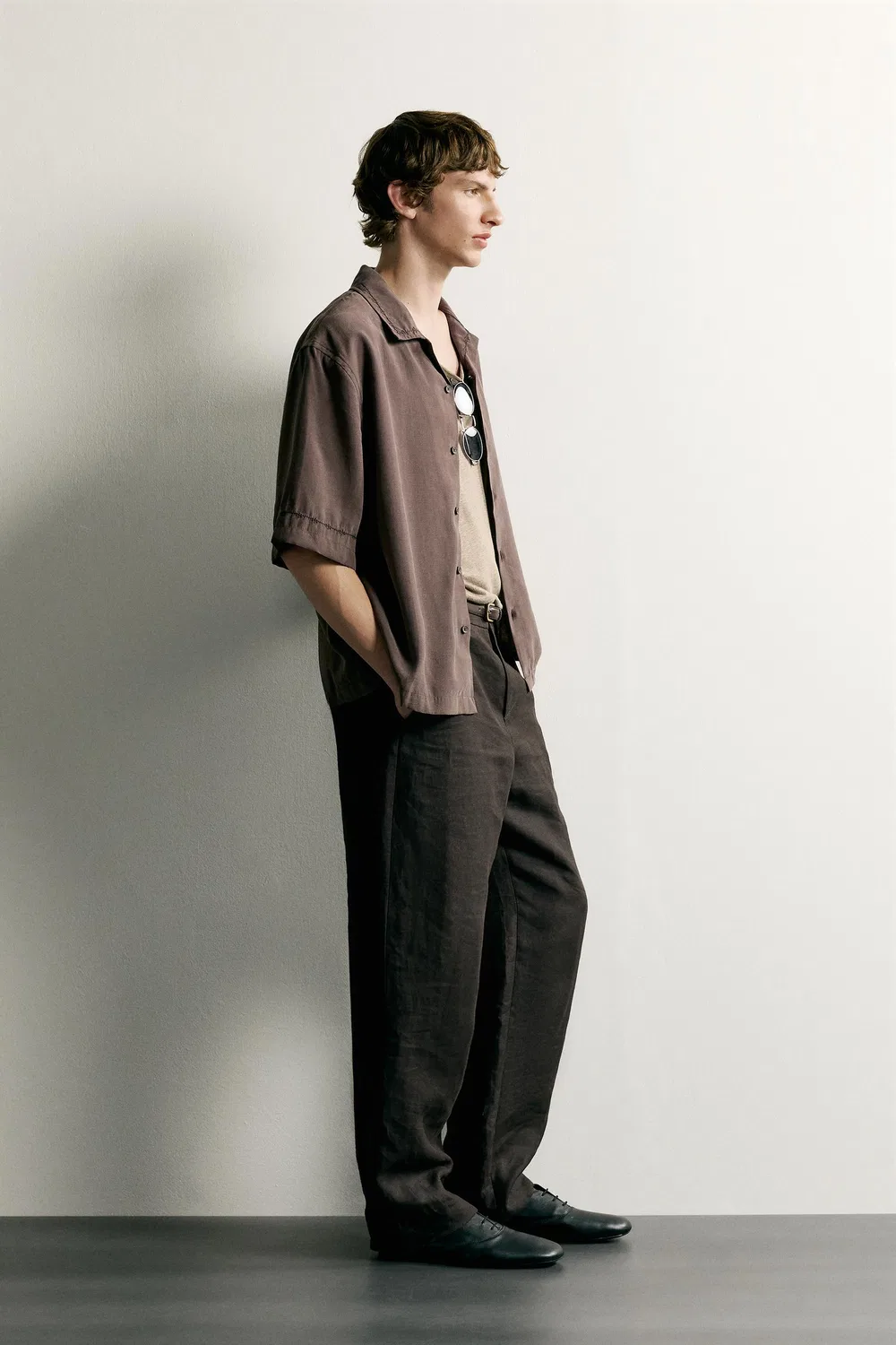 Рубашка свободного кроя с вышивкой. ZARA, Brown — фото 4