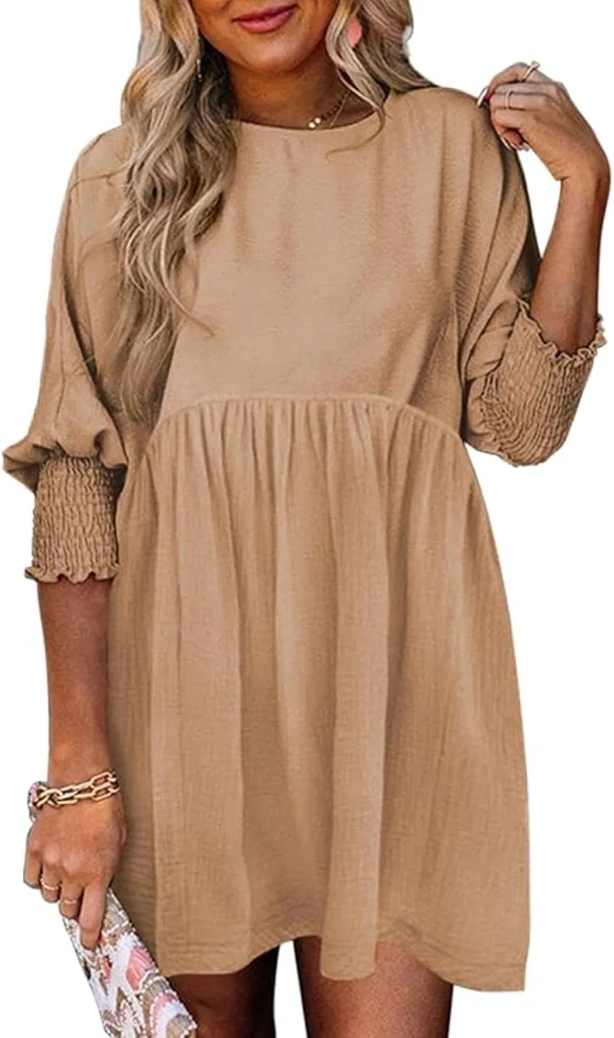 Женское мини-платье с пышными короткими рукавами Babydoll, Khaki