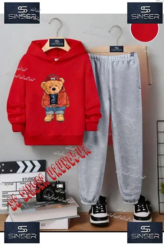Детский комплект свитшота и брюк с принтом Bear In Red Coat Ss Sinser, Red - Gray