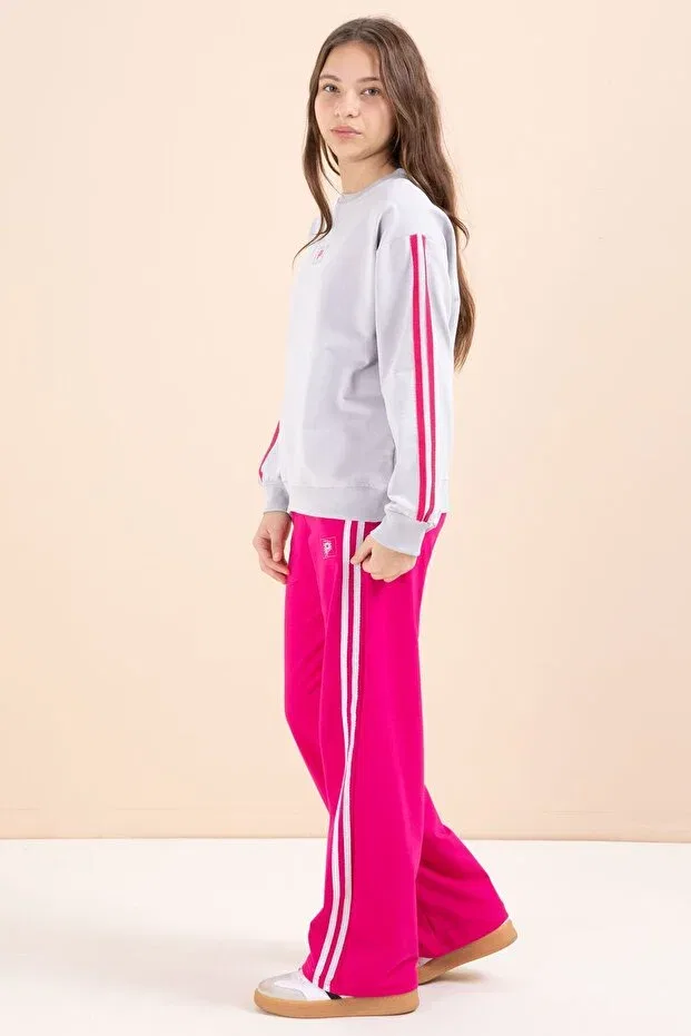 Детский спортивный комплект для девочек с принтом Fuchsia Striped Detail Wide Leg Embroidered Girls Oversized Tracksuit Set Cansın Mini, Fuchsia — фото 4