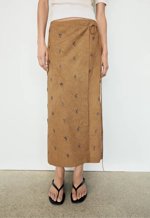 Юбка с аппликациями Midi pareo skirt, Massimo Dutti, горчичный желтый — фото 3