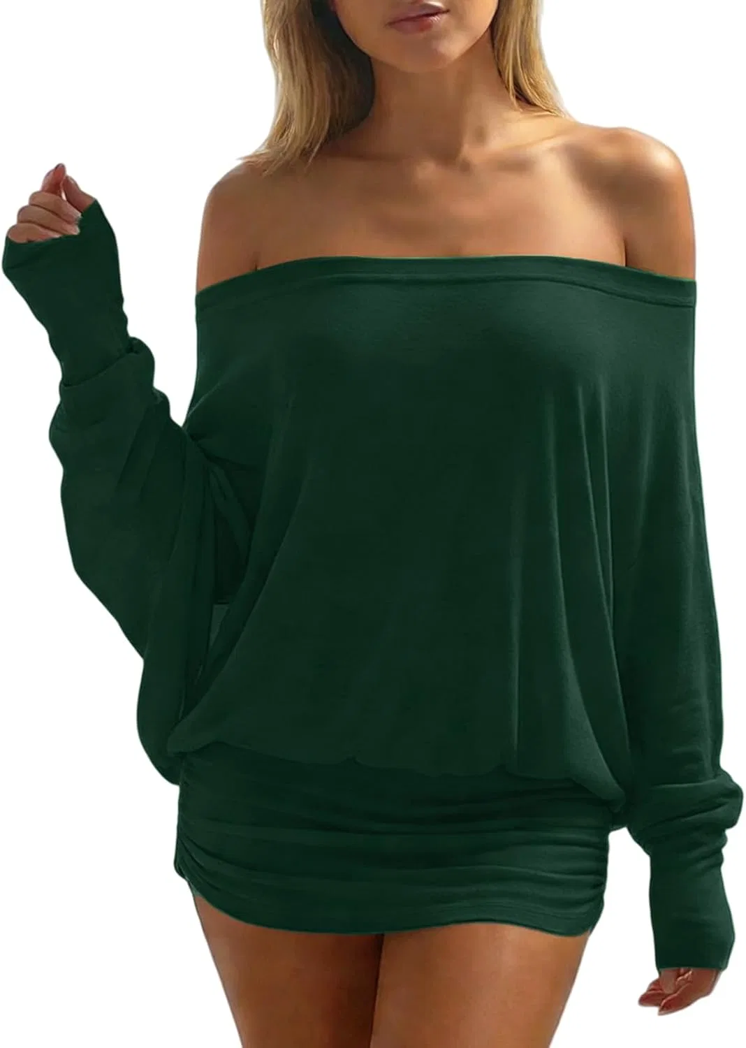 Женское офф-шолдер миди платье с баской Oversized, Green — фото 3