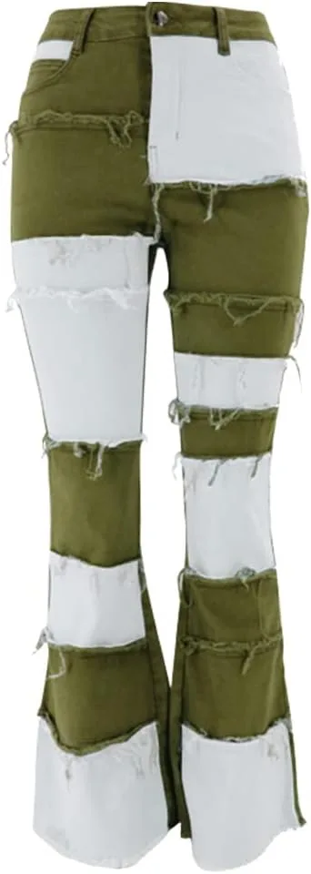 

ODIZLI Женские джинсы с высокой талией и расклешенным низом Ripped Stretch Skinny Flare Plus Size