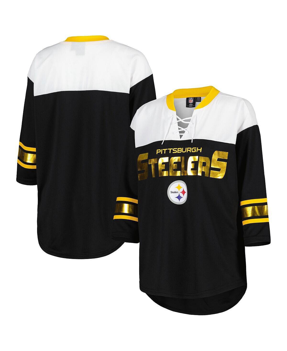 

Женская черно-белая футболка Pittsburgh Steelers Double Team 3 с 4 рукавами на шнуровке G-III 4Her by Carl Banks, Черный, Женская черно-белая футболка Pittsburgh Steelers Double Team 3 с 4 рукавами на шнуровке G-III 4Her by Carl Banks