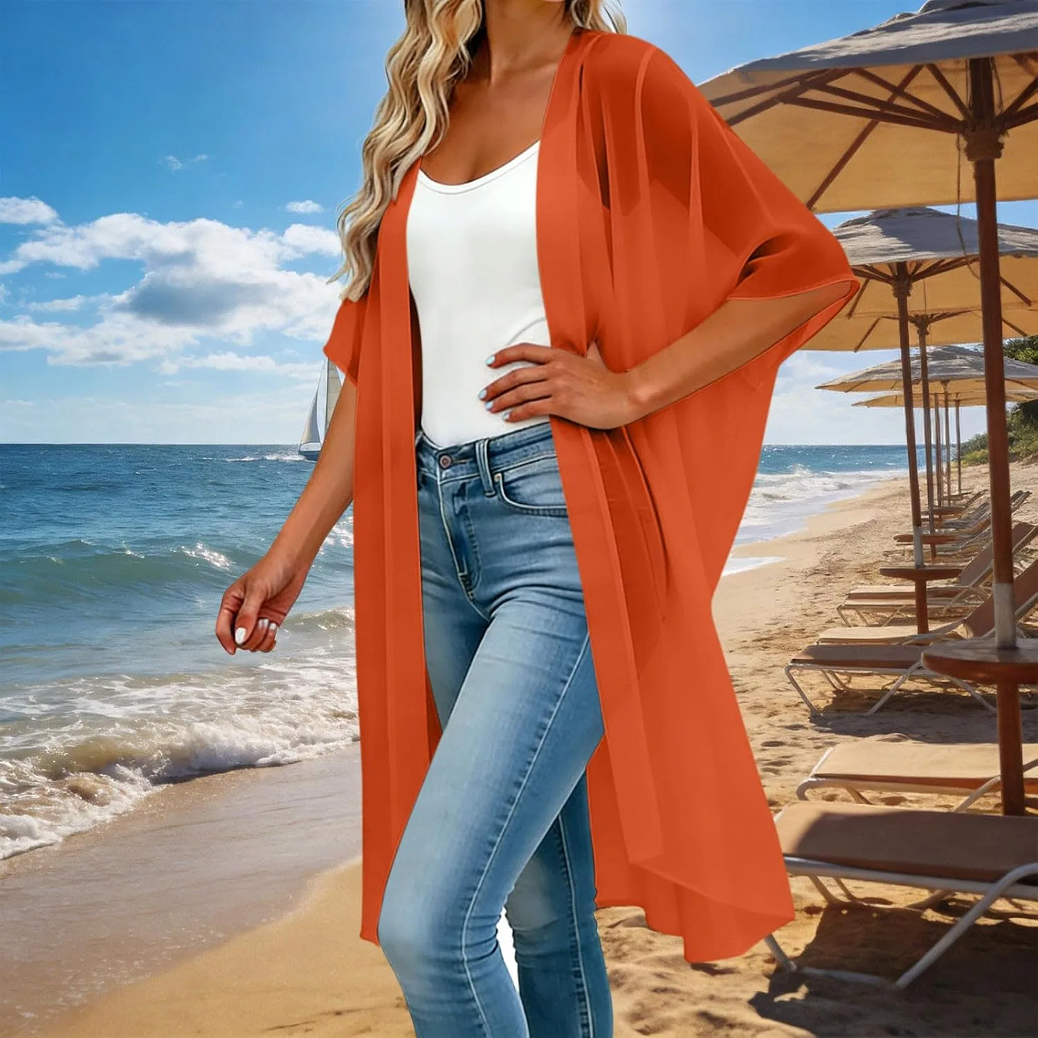 Женская пляжная накидка-кимоно свободного кроя, Orange — фото 2