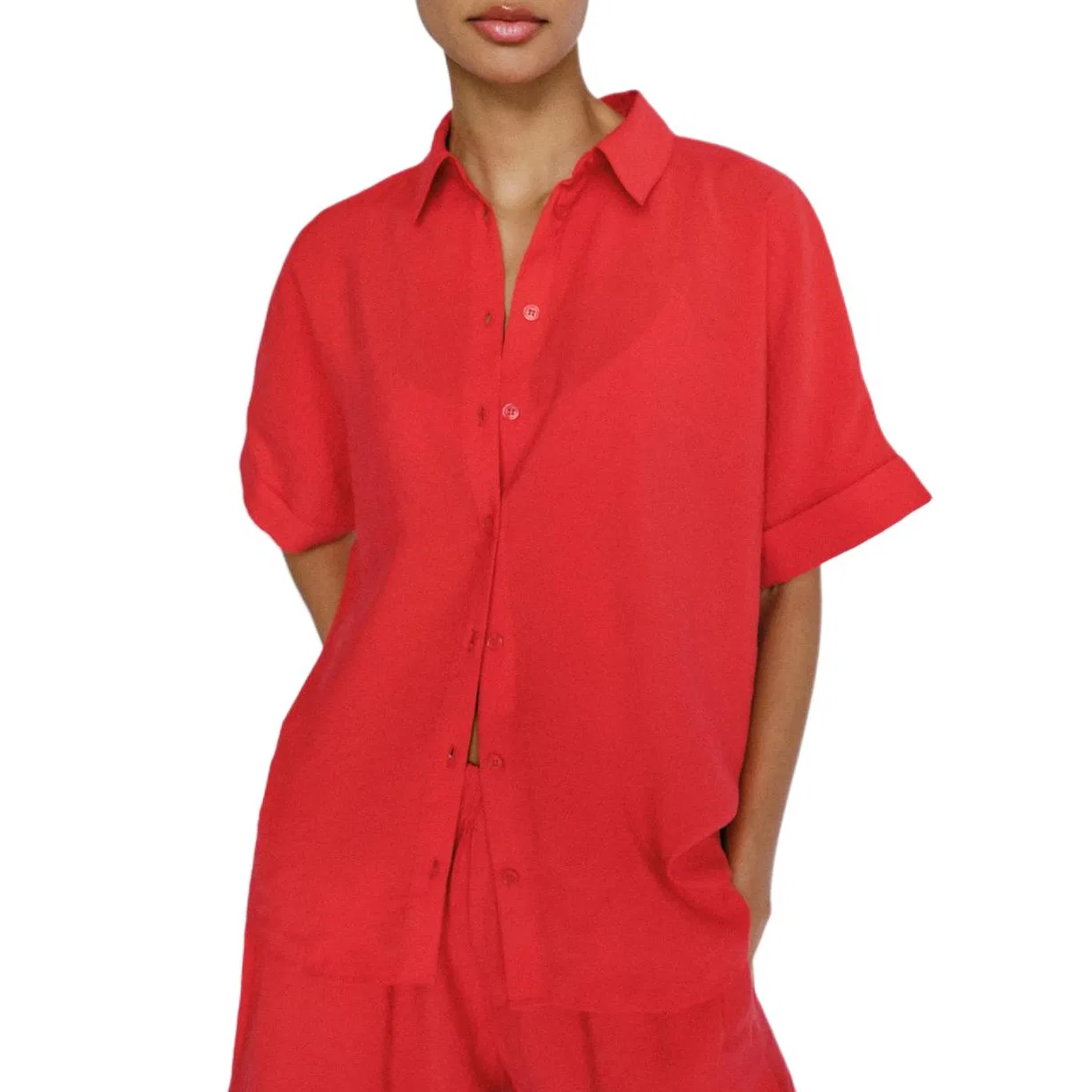 Женская рубашка с отложным воротником прямого кроя Red ZARA, Red — фото 4