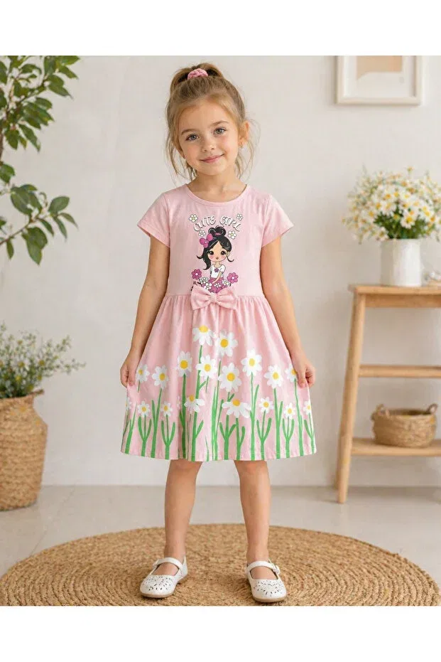 Детское платье-футболка с принтом Bow Tie Detailed Girls' Dress Durukoza, Pink