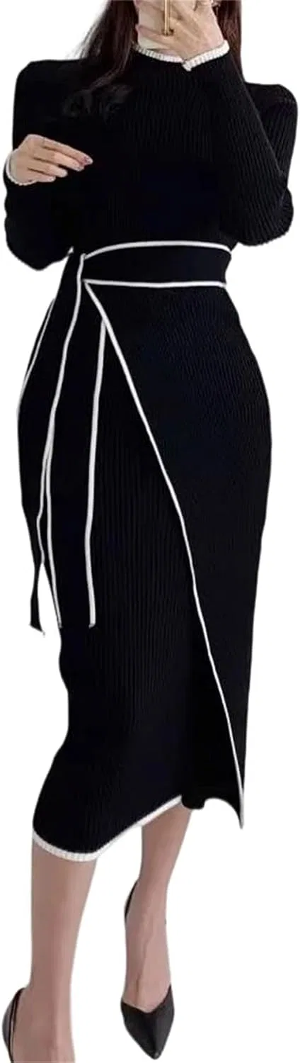 Женское платье-свитер с высоким воротником Ribbed Straight Silhouette, Black