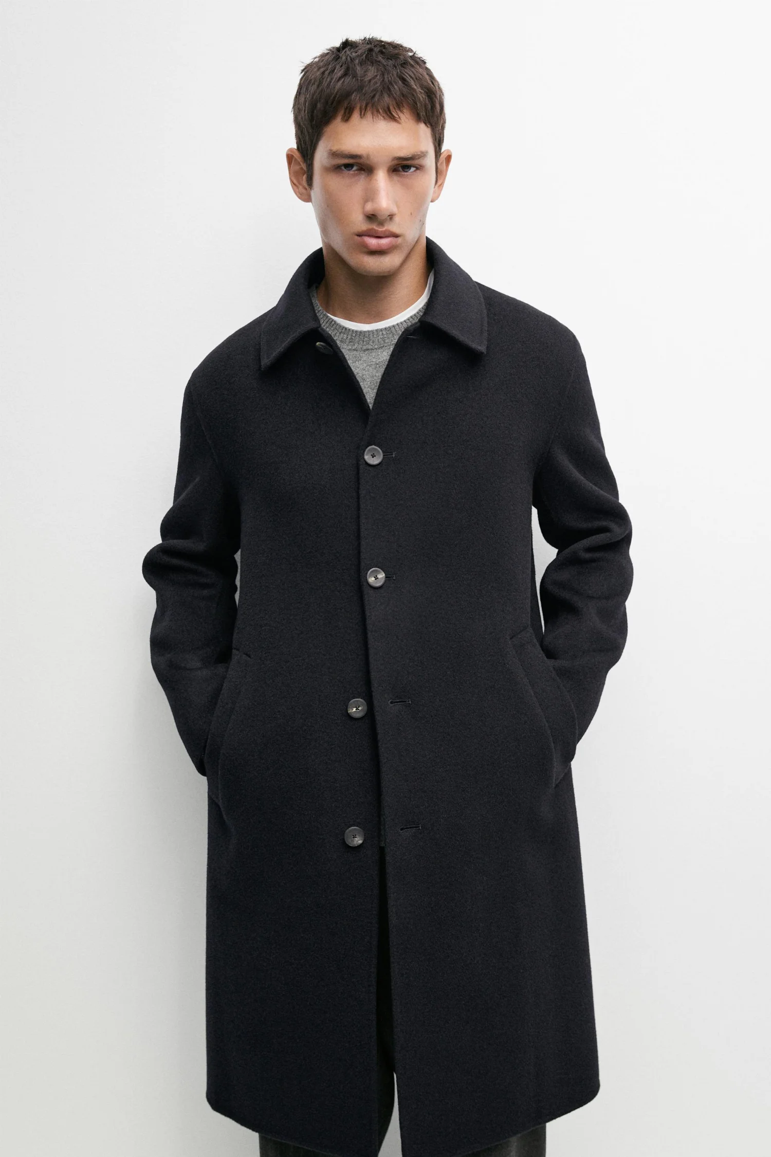 Пальто Massimo Dutti Long double-faced wool blend, темно-синий — фото 2