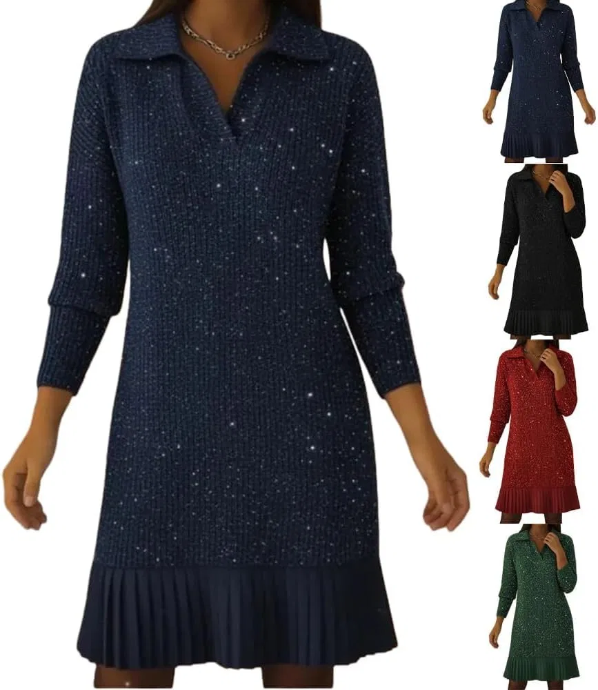 Женское платье с блестками поло-воротником, Green/Black/Dark Red/Dark Blue