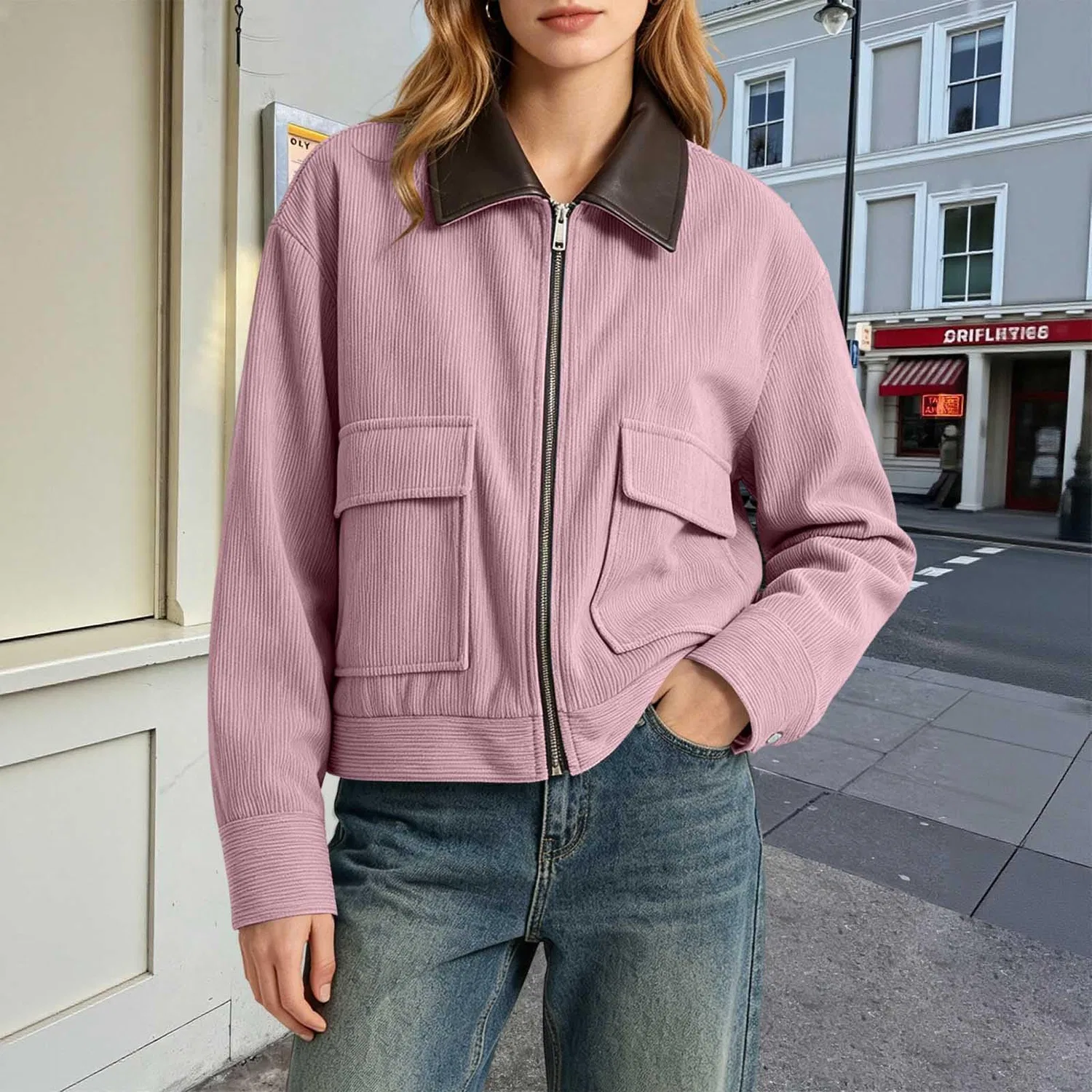 Женская куртка-бомбер с контрастным воротником Rib Cropped Biker Coat, rosa — фото 2