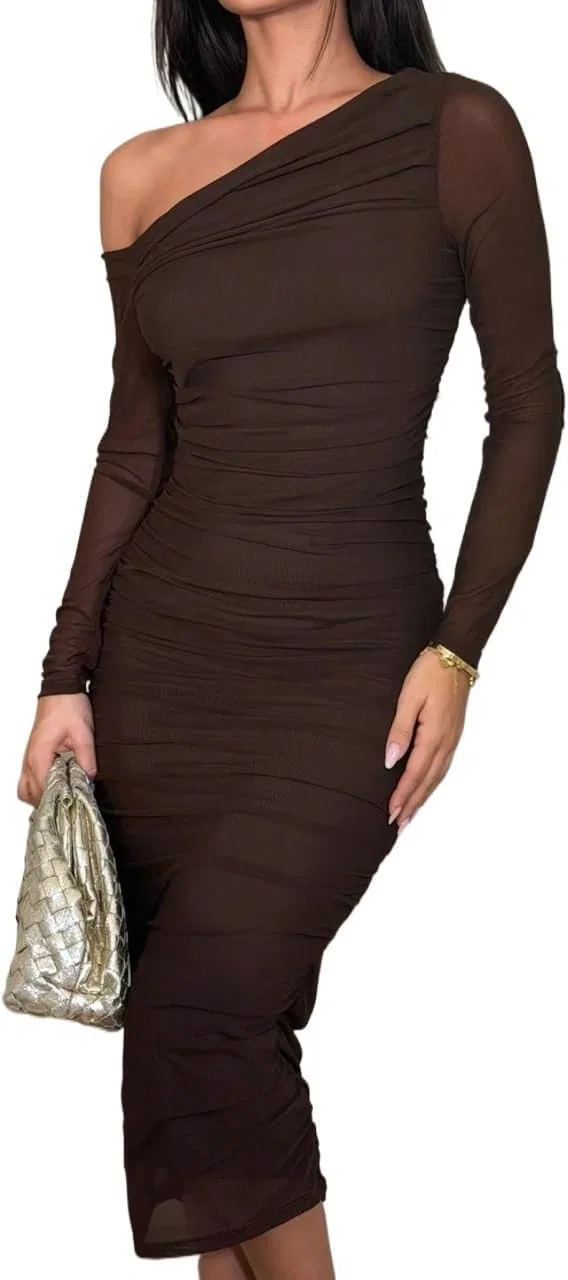 Женское облегающее миди-платье с драпировкой Bodycon, Coffee Brown