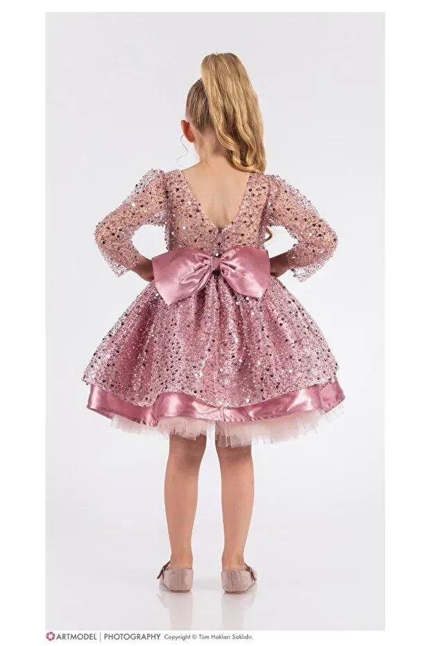 Детское платье для девочек с длинным рукавом Prom / Bridesmaid Sare Çocuk Giyim, Powder — фото 4