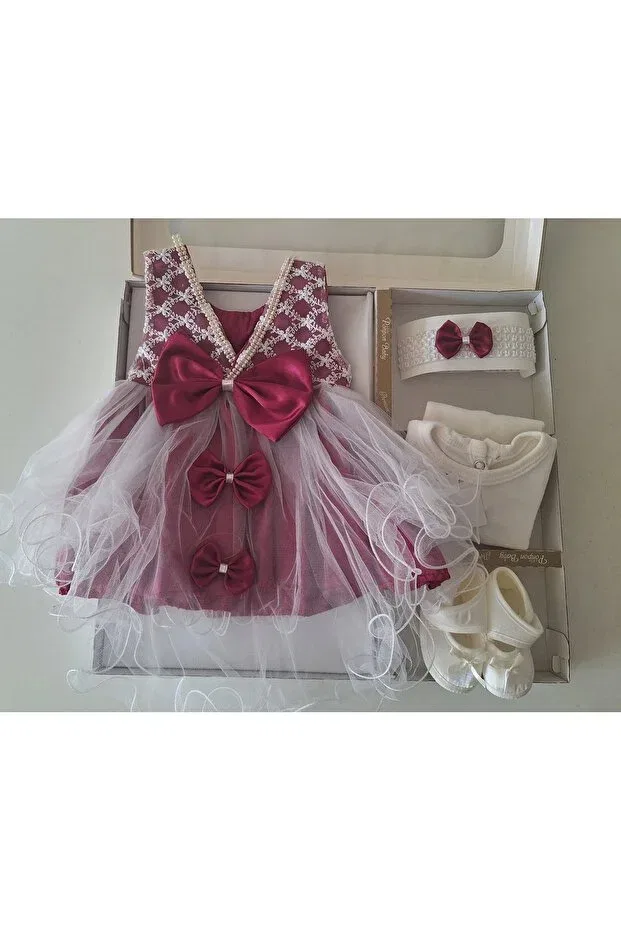 Детское платье для девочек с принтом Mevlüt Set Wedding Dress Evening Dress Baby Birth Baby Shower Gift Biyan Collection, Damson — фото 3