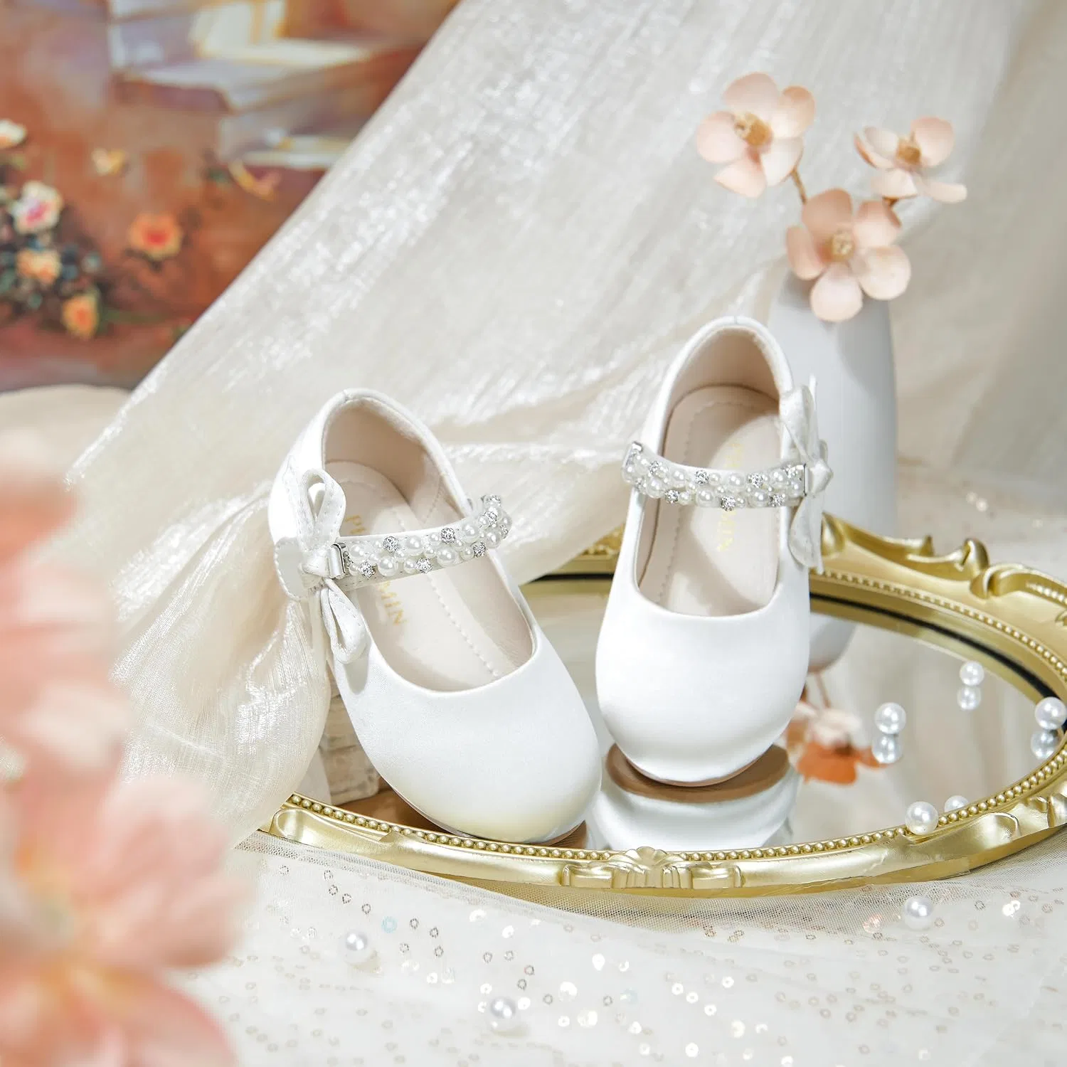 Детские туфли-балетки для девочек с блестками PHIRAMIN, Satin Ivory White — фото 3