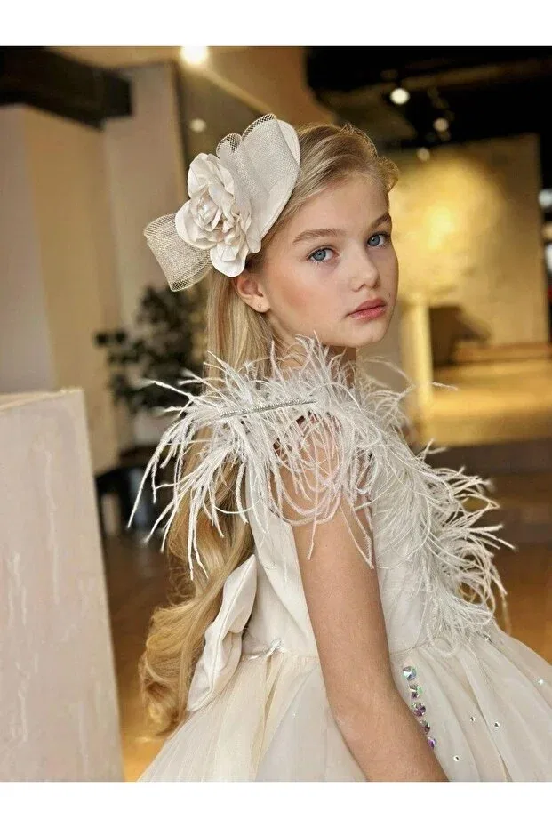 Детское вечернее платье для девочек с пайетками feathered stone embroidered layered tulle detachable tail detailed Mc Minicool, Beige — фото 3