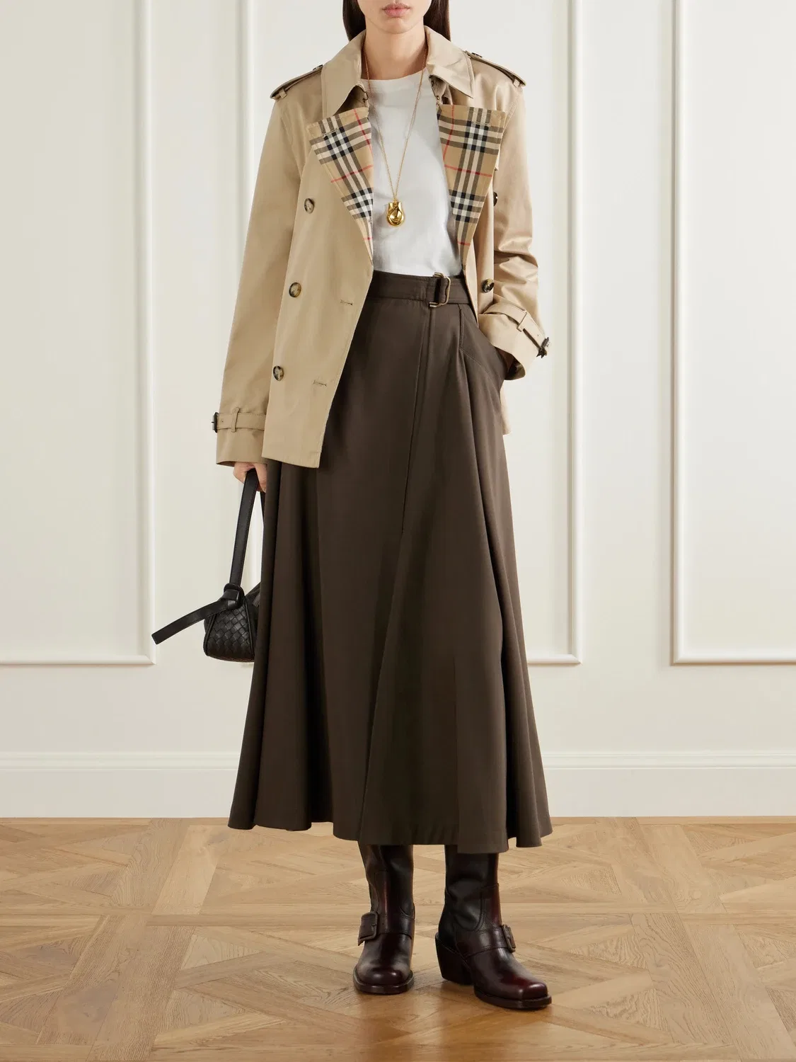 Двубортный тренч из хлопковой габардины в клетку с поясом Burberry, бежевый — фото 2