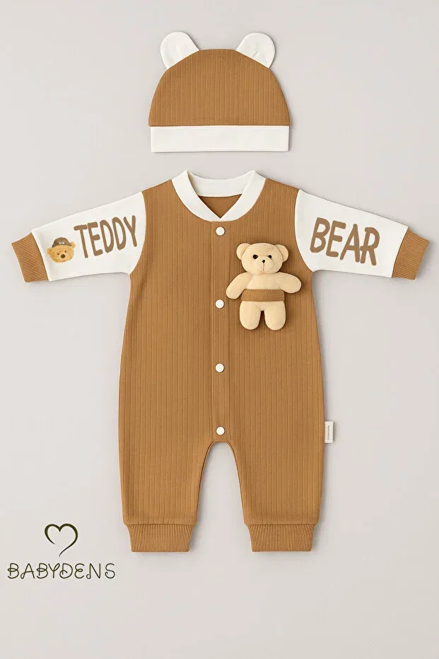 Детский комбинезон-ребристый с принтом Teddy bear themed newborn ribbed romper set with teddy bear baby romper hat set Babyden'S, Brown — фото 3
