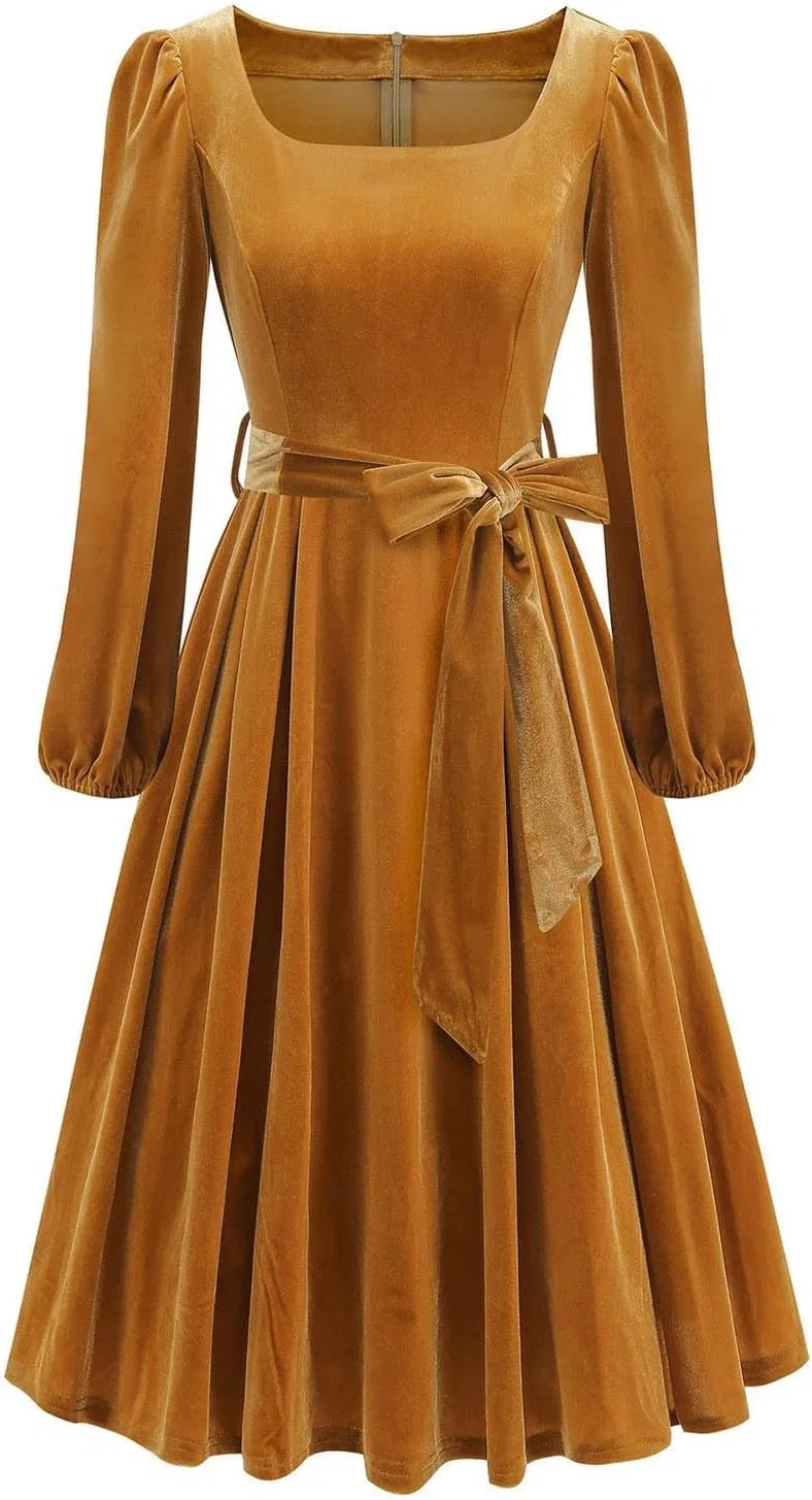 Женское бархатное платье миди с квадратным вырезом APPointed, Yellow — фото 2