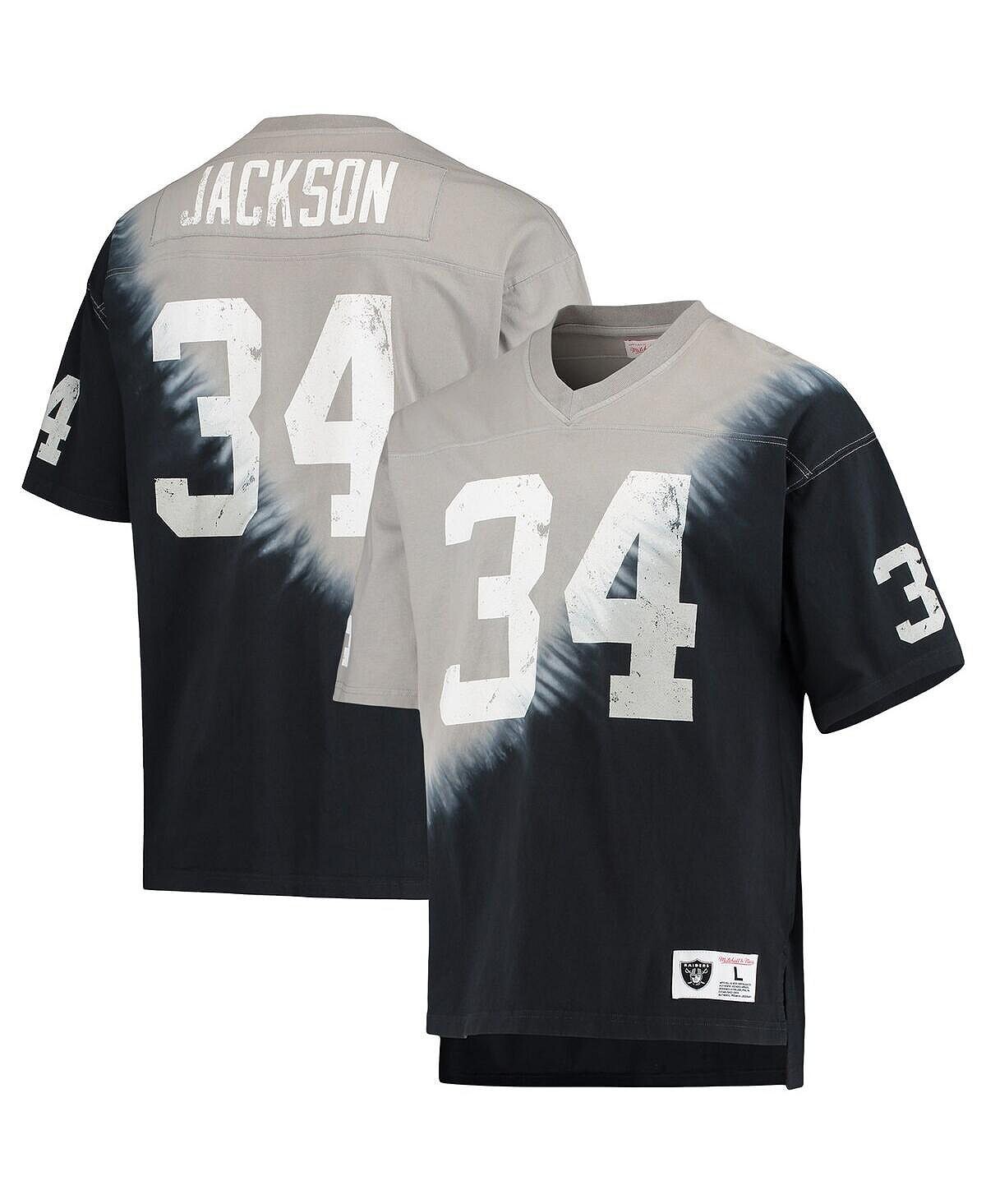 

Мужская футболка bo jackson black, silver las vegas raiders с именем и номером вышедшего на пенсию игрока футболка с диагональным принтом тай-дай и v-образным вырезом Mitchell & Ness, мульти