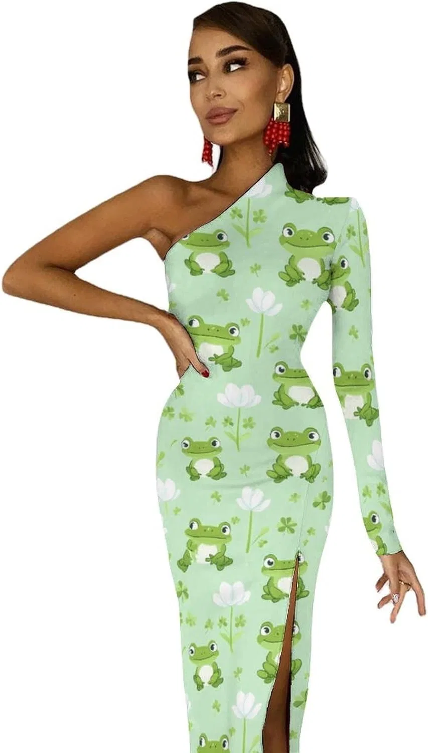 Женское коктейльное платье с одним плечом Green Frog Pattern, Style — фото 4