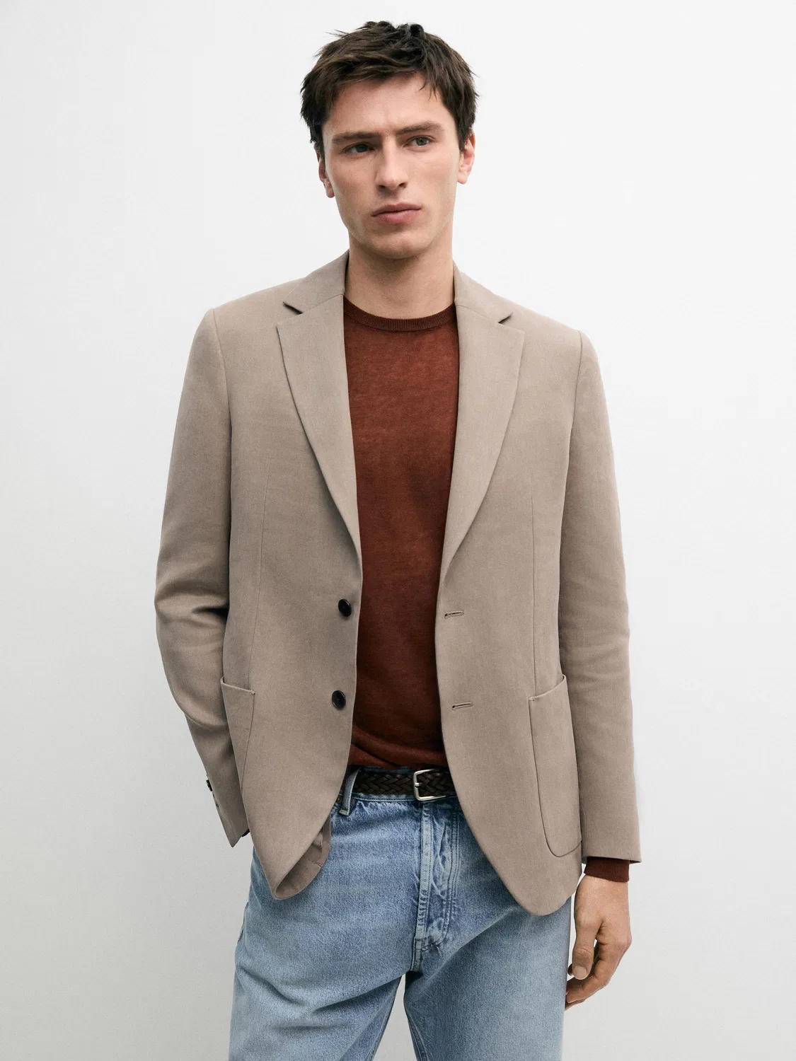 Приталенный блейзер из 100% льна с карманами Massimo Dutti, бежевый — фото 2