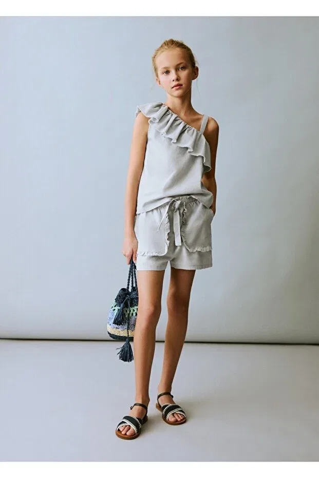 Детские шорты для девочек льняные Mango Kids, Sky Blue — фото 2