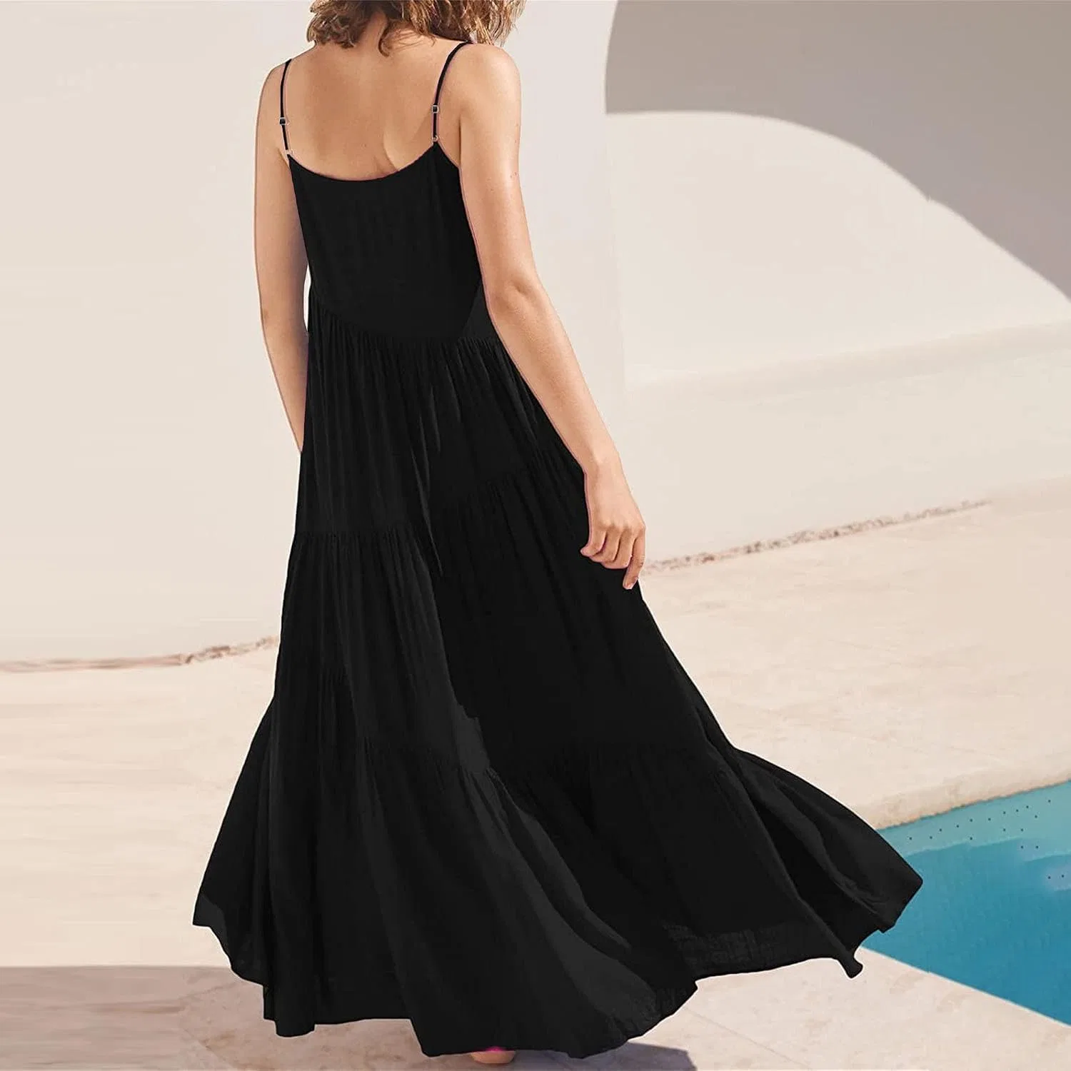 Женское летнее платье свободное плиссированное асимметричное, Black — фото 2