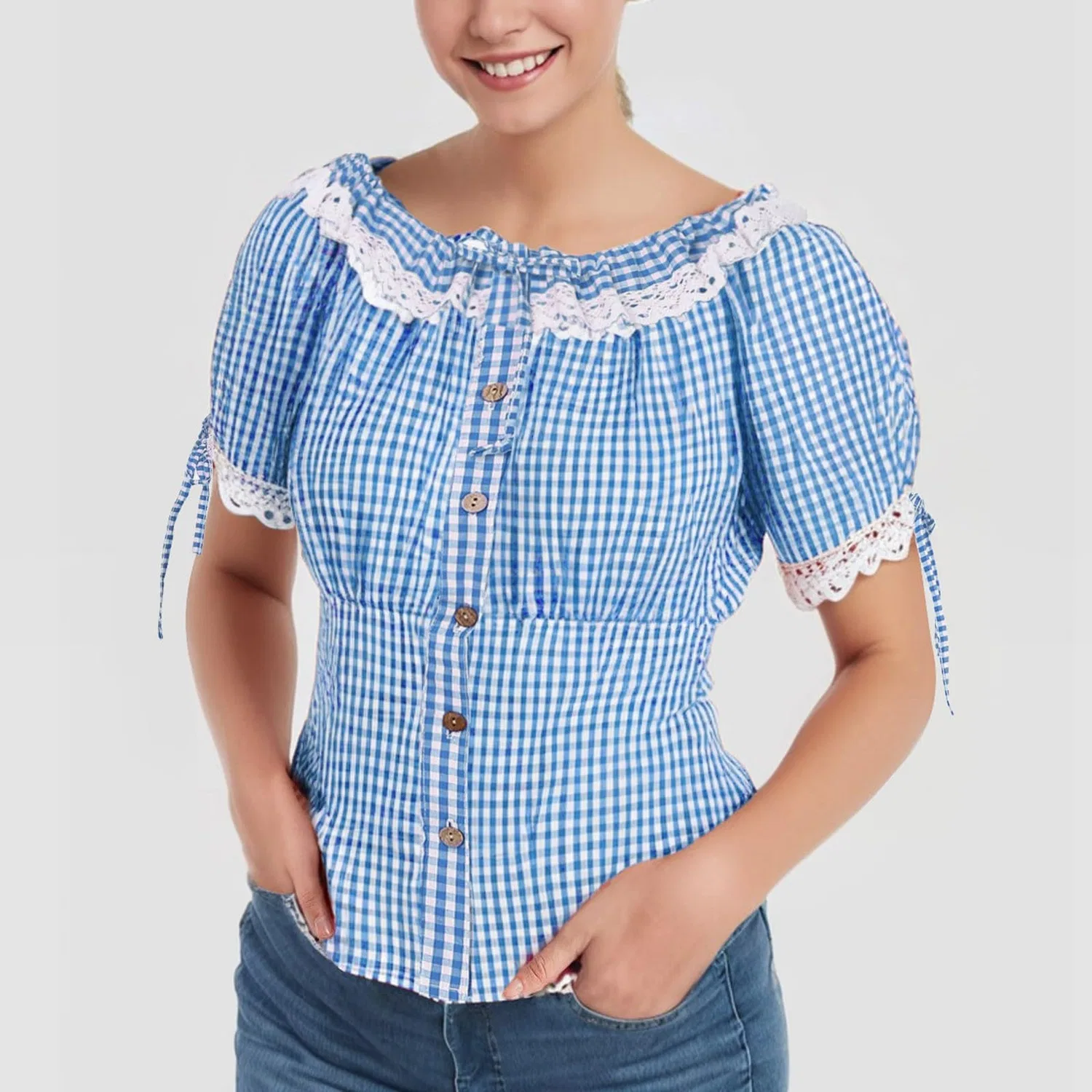 Женская блузка в клетку с круглым вырезом Oktoberfest, Sky Blue — фото 2
