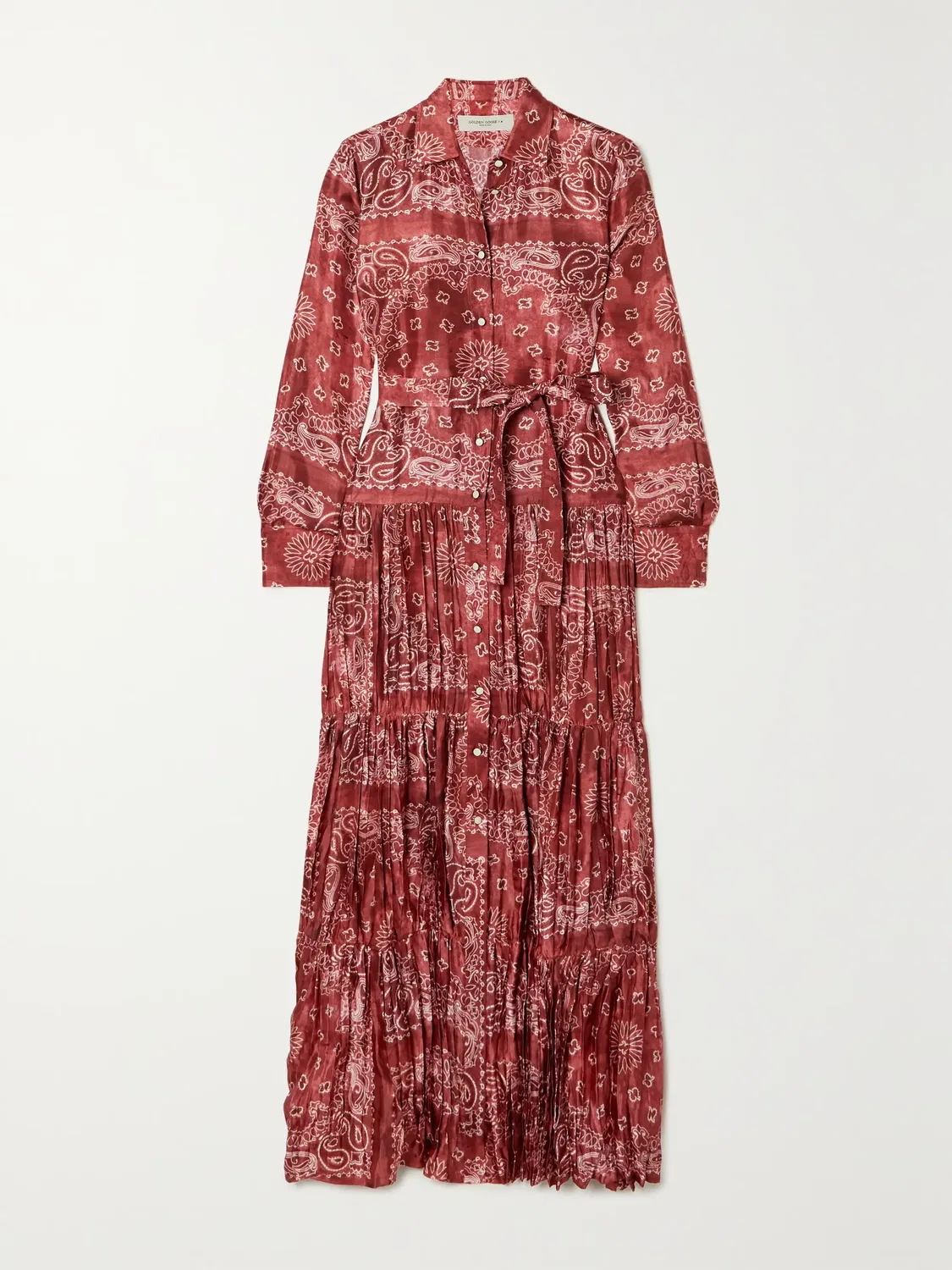 Длинное платье из атласной саржи с ярусным поясом и узором «пейсли» с поясом Golden Goose, красный
